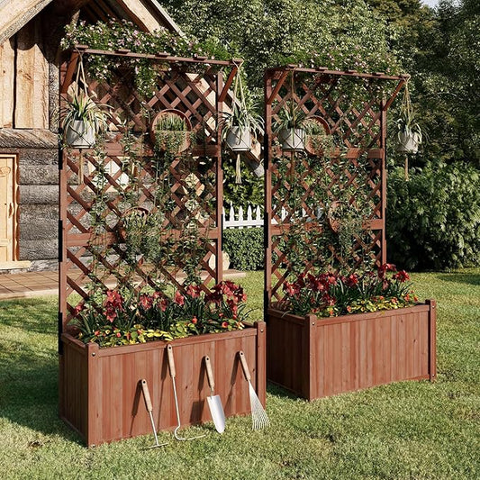SPECRAFT 2 Pack Wood Planter with Trellis, 35.4x17.7x72 Inch Raised Garden Bed, 1.6Ft Deep Large Planter Box for Outdoor Gardening, Vegetables, and Climbing Plants