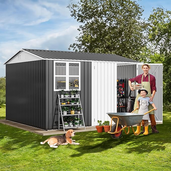 DWVO 10' x 10' Outdoor Storage Shed, Waterproof Metal Garden Shed with Windows, Lockable Doors, and Sloped Roof for Patio, Backyard, Lawn, Tool Storage, Bike Shed, Pet Shelter (Gray + White)