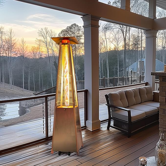48,000 BTU Flame Pyramid Pool Heater, Stainless Steel Triple Safety Protection Patio Heater with Patio Cover, Warm Glass Tube Portable with Durable Wheels-Stainless Steel Color
