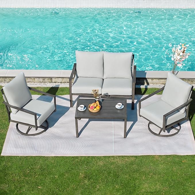 NATURAL EXPRESSIONS 4 Pieces Patio Furniture Sets, Modern Metal Outdoor Conversation Sets with High Back All Weather Hand-Woven Rope Rocking Swivel Chairs, Loveseat, Metal Table, 5.5" Thick Cushions