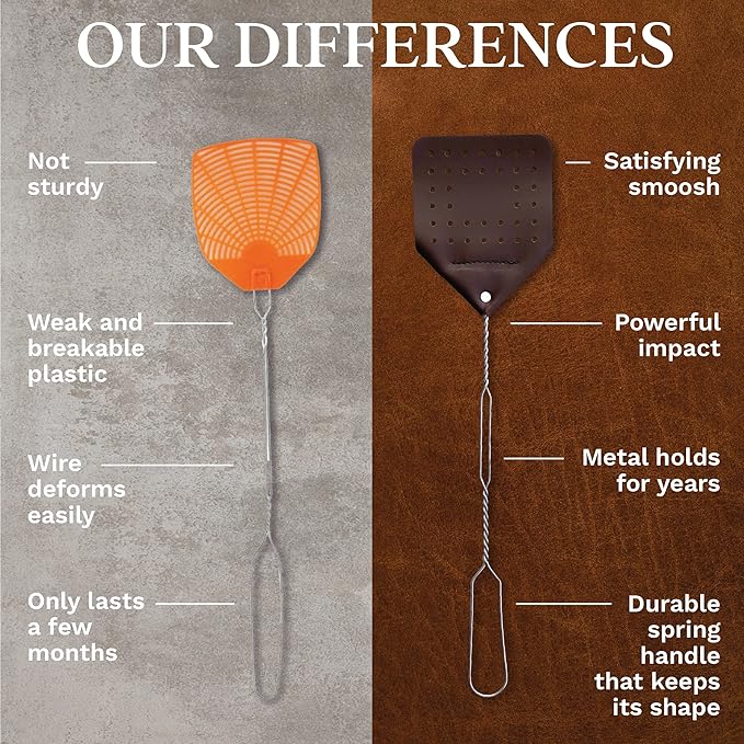 Leather Fly Swatter Set (1 Pack) – 17” Amish-Made Fly Swat w/Real Leather Paddle – Fly Swatters Multi Pack w/Metal Handle – Bug Swatter, Mosquito Swatter, Wasp Swatter (Chocolate)