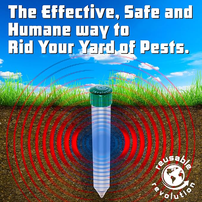 4 Pack Sonic Mole Chaser - Battery Operated Pest Repeller Stake, Scares Away Moles, Voles, Gophers and Rats by Reusable Revolution (Metal & Green)