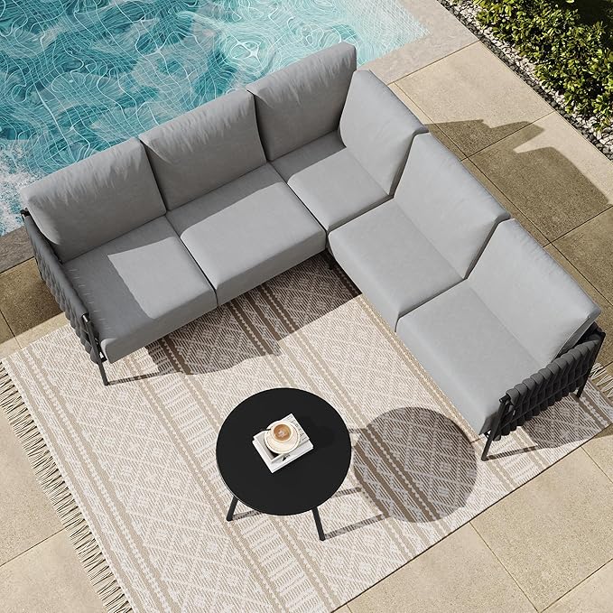 EAST OAK Corner Patio Furniture Set | Life Chatter 5-Seat Outdoor Furniture | Deep Seating Corner Sofa with Round Coffee Table | Extra-Thick & Washable Cushions | Misty Grey