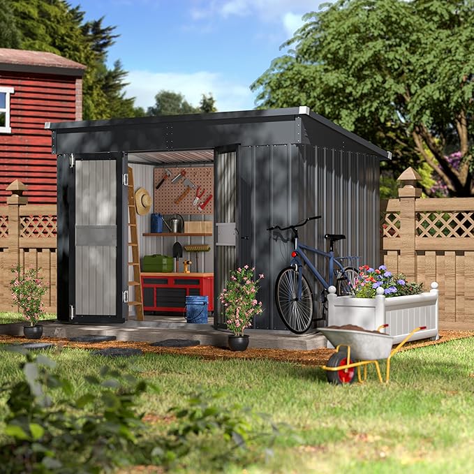 MUPATER 6 x 10 ft Outdoor Storage Shed,Galvanized Metal Shed Storage House with Lockable Door and Vents for Garden,Patio, Backyard, Grey