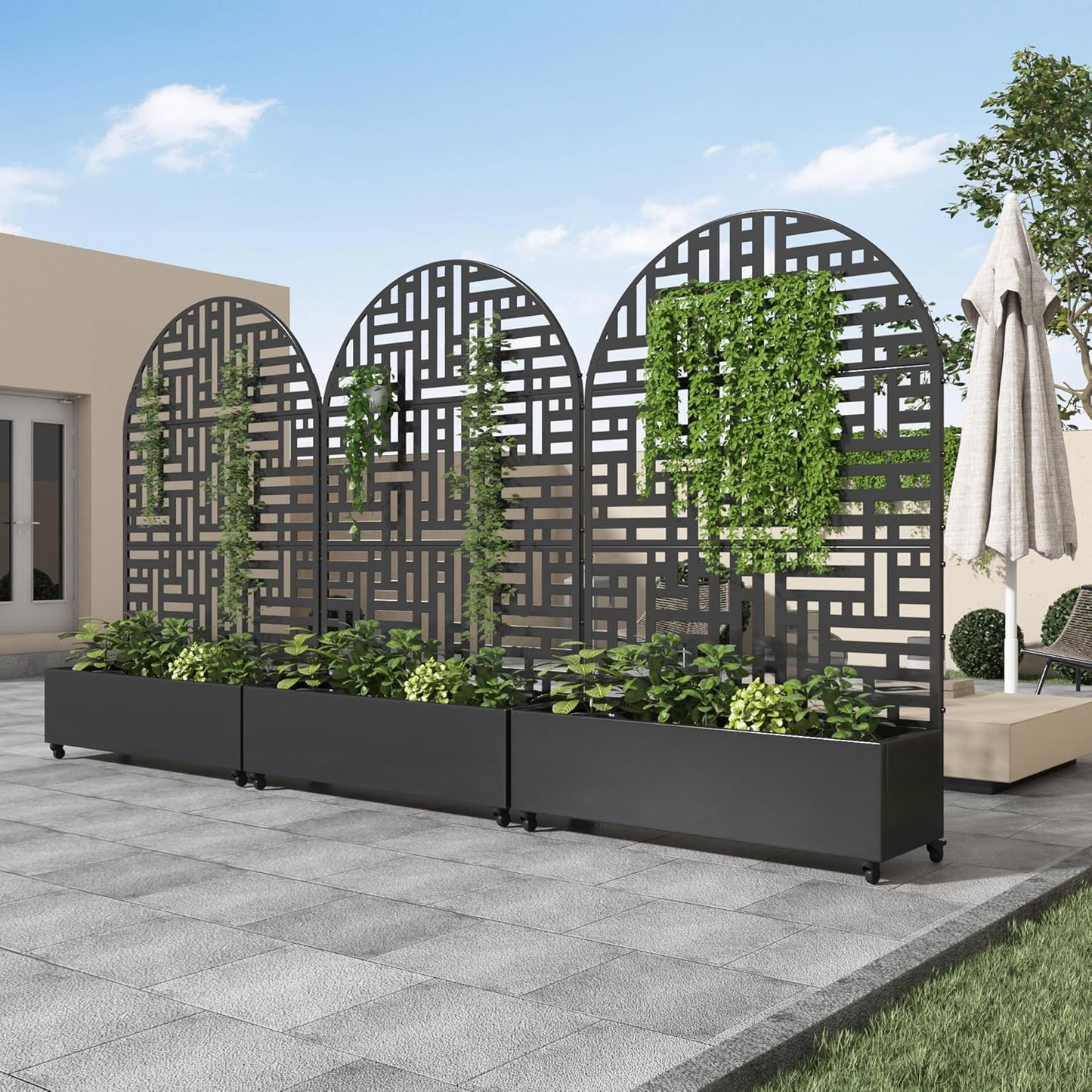 Casaphoria Metal Raised Garden Bed with Trellis and Wheels, 72"x47"x16" Planter Box for Climbing Plants, Vegetables & Vines, Features Drainage Holes and Privacy Screen (Black-Helen)