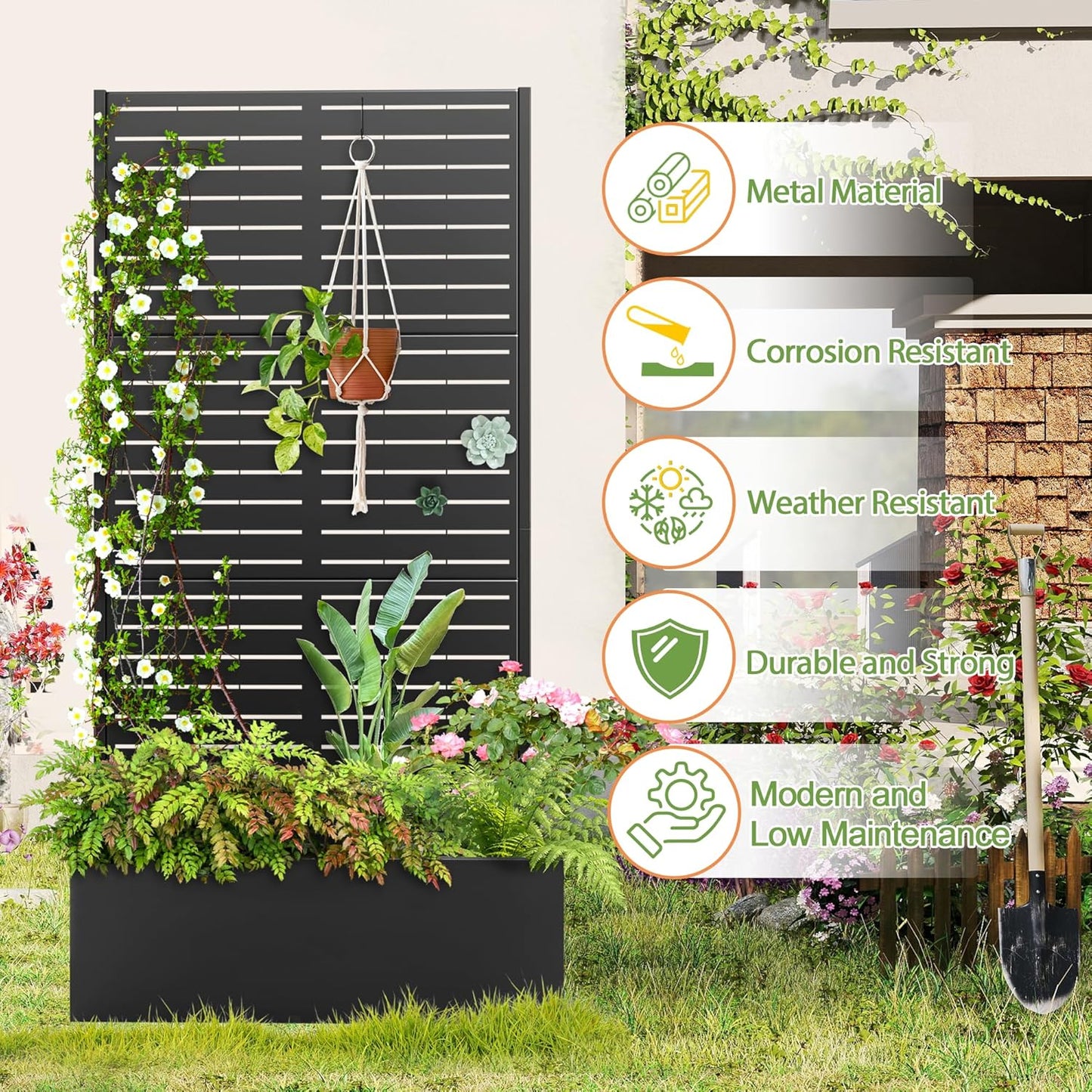 Trellis for Climbing Plants Outdoor，Mental Garden Bed with Drainage Holes Outdoor Privacy Screen Design Tall planters for herb Flower Vegetables 73"x35"x16", Black-Louvered