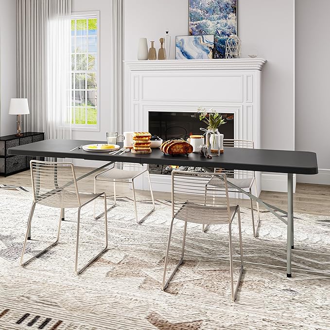 YITAHOME 8FT Heavy Duty Folding Table for Indoors & Outdoors Use, Versatile Rectangle Folding Table with Carrying Handle for Camping, Picnics, Parties, and Events, Black