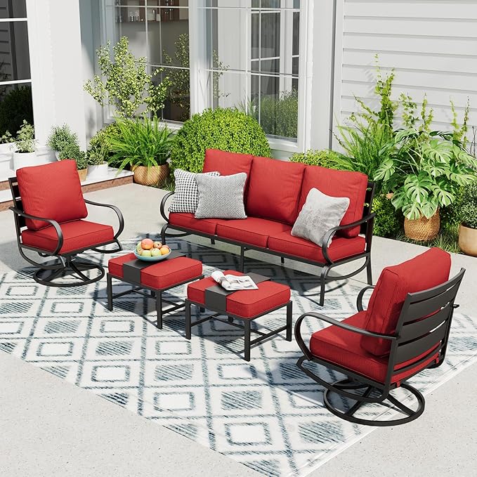 Sophia & William Patio Furniture Sets for 5 Outdoor Metal Conversation Sets 5 Pcs with 2 x Cushioned Swivel Sofa Chairs, 2 x Ottomans as Coffee Table, 1 x 3-Seat Sofa, Lawn Backyard Poolside Red