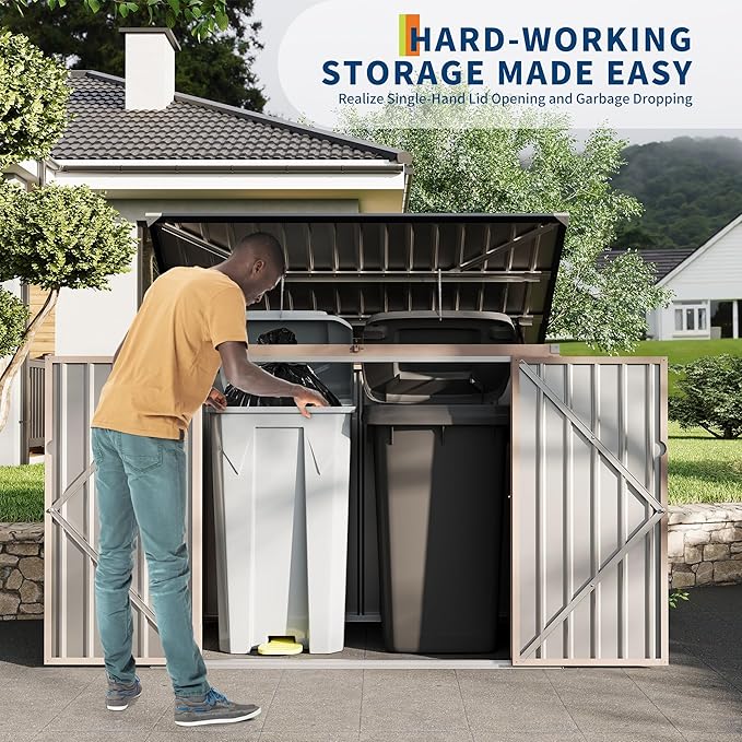 Outdoor Trash Can Storage 2 Binsgarbage Bin Storage Shed, 3x6 FT Garbage Bin Storage Shed with Chain Lid, Metal Outdoor Storage for Garden, Backyard, Lawn and Patio