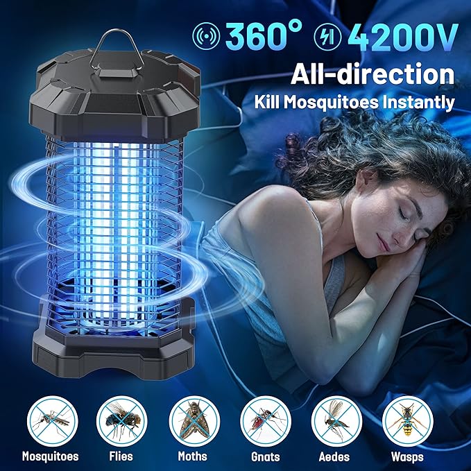 Bug Zapper Outdoor, 4200V Electric Mosquito Zapper Indoor, Insect Fly Zapper Waterproof with 5ft Power Cord, Mosquito Killer for Home, Patio, Kitchen, Backyard, Camping, Plug-in