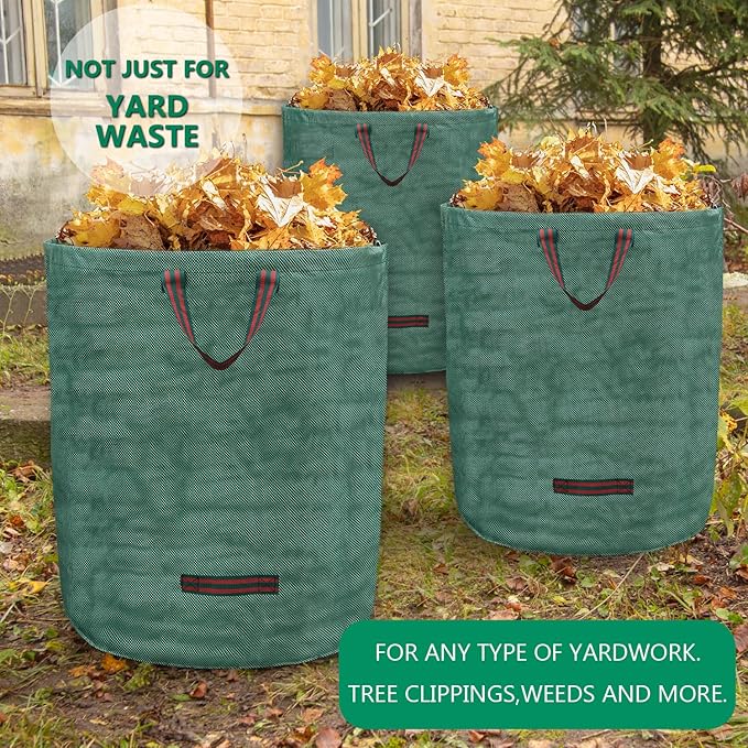 6 Pack 72 Gallons Reusable Garden Waste Bags with Coated Gloves, Heavy Duty Leaf Bags 4 Handles Lawn Yard Bags for Loading Leaf,Trash,Yard Waste Bags (H30" X D26")
