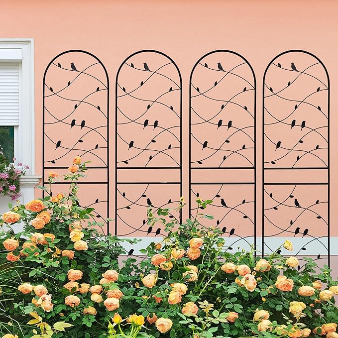 4 Pack Metal Garden Trellis 71" Tall Outdoor Climbing Plant Support for Roses, Flowers, Rustproof Durable Black Galvanized Tube, Lawn Garden Fence Decor Screen (4, Black birds-71 H)