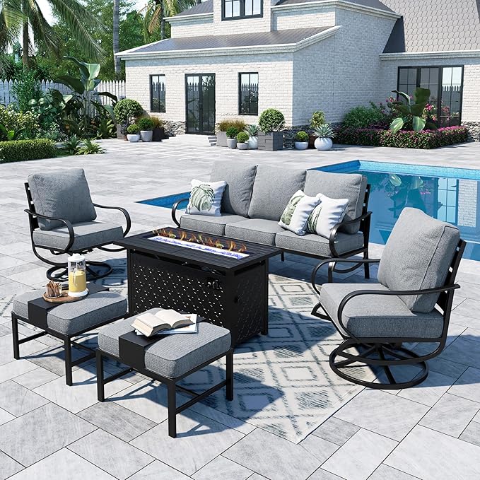 Sophia & William Patio Furniture Sets with 45" Gas Fire Pit Table for 7 Outdoor Conversation Sets 6 Pcs, 2 x Swivel Cushioned Sofa Chairs, 1x3-Seat Sofa, 2xOttomans for Backyard Poolside Grey