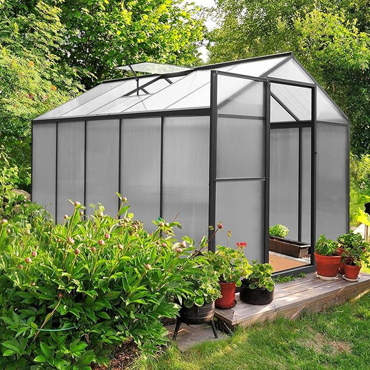 VEIKOU 6' x 10' Greenhouse for Outdoors, Polycarbonate Green House with Adjustable Vent, Aluminum Frame, Rivet Structure, Walk-in Greenhouses for Yard, Garden, Hobby, Grey