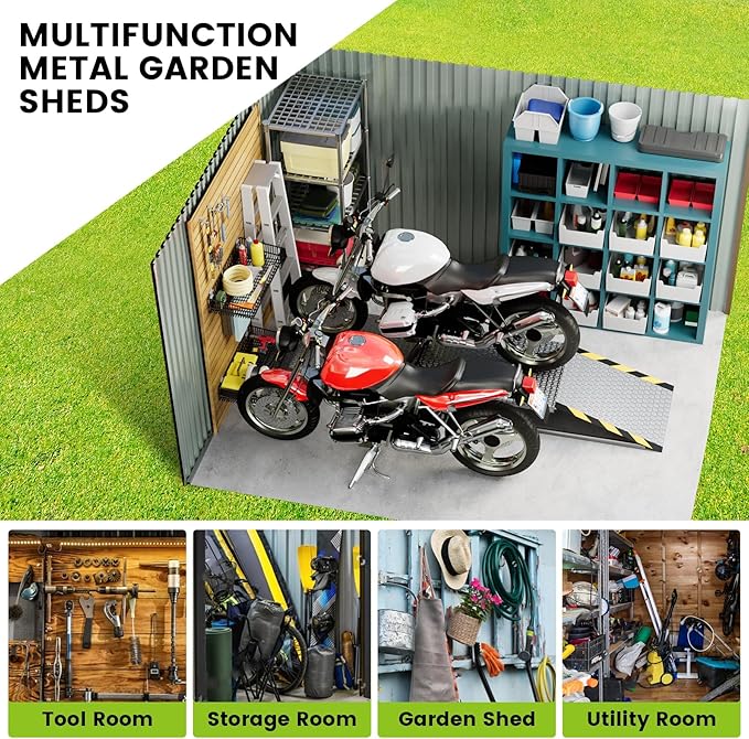 8 X 10 FT Shed Outdoor Storage Shed Metal Garden Shed with Sloping Roof and Vents, Waterproof and Anti-UV, Slooping Roof Tool Shed for Backyard, Patio, Garden Yard, Poolside