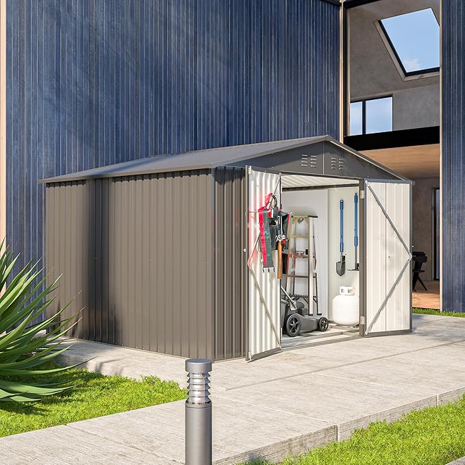 Outdoor Storage Shed, 10X8 FT Galvanized Steel Metal Shed, Lockable Waterproof Tool Storage Sheds for Garden, Patio, Lawn – Durable Storage Solution in Multiple Sizes