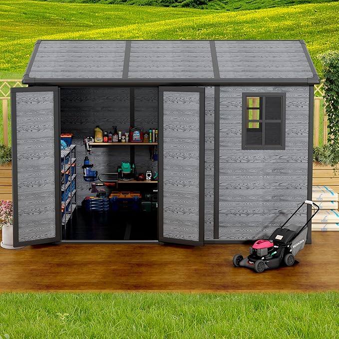 10x8 FT Resin Outdoor Storage Shed with Floor, Weather-Resistant Plastic Garden Shed with Windows, Lockable Door and Vents, Outside Tool Storage Sheds for Backyard, Garden, Patio, Lawn, Wood Grain