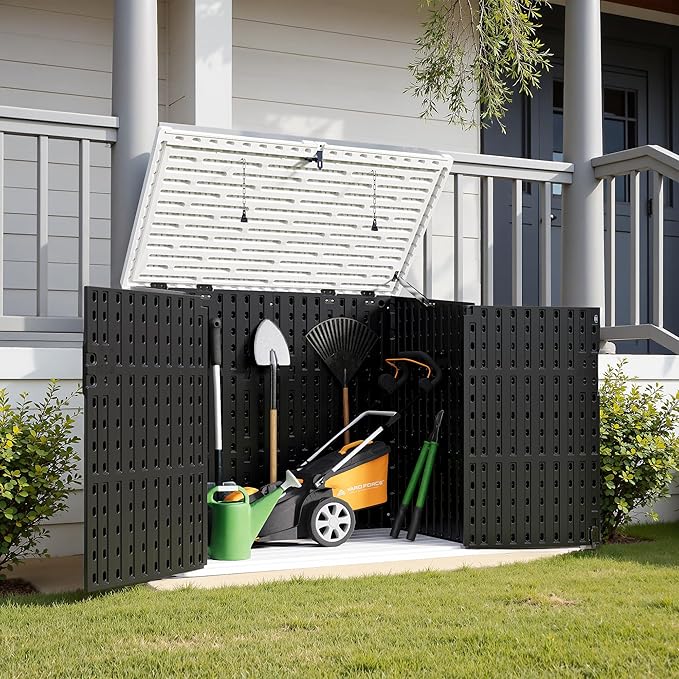 Greesum Outdoor Resin Storage Shed, 34 Cu.ft Horizontal Outdoor Storage Box Waterproof for Garden, Pool Storage, Garbage Cans, Black