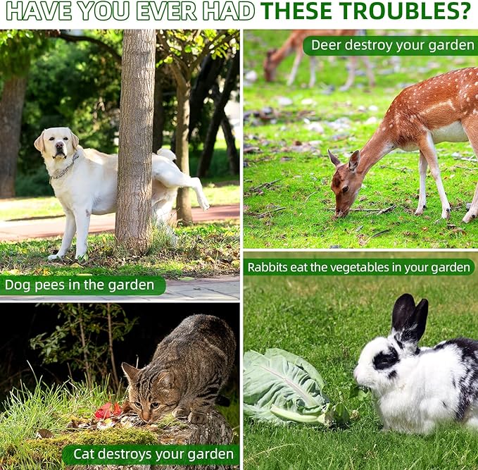 4 Pack Solar Ultrasonic Animal Repellent Outdoor Cat Rabbit Squirrel Dog Deer Repellent Devices Coyote Skunk Raccoon Fox Deterrents Light Animal Repeller with Motion Sensor for Yard Garden