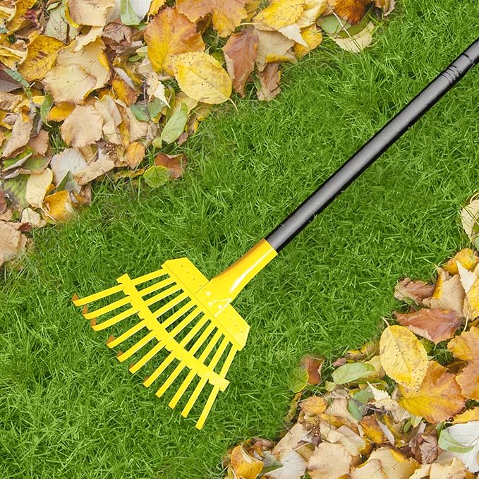 Garden Leaf Rake, 8.7” Wide Metal Rake with 11 Teeth, 59" Adjustable Long Handle, Heavy Duty Lightweight Leaf Rakes for Small Lawn Yard Shrub,Tight Spot Garden Bed Leaf Debris Picking Cleaning