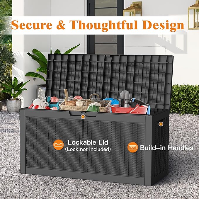 60 Gallon Outdoor Storage Box, Waterproof Deck Box with Handles and Lockable Lid, Resin Patio Storage Box with Hydraulic Rods for Garden Tools, Cushions, Black