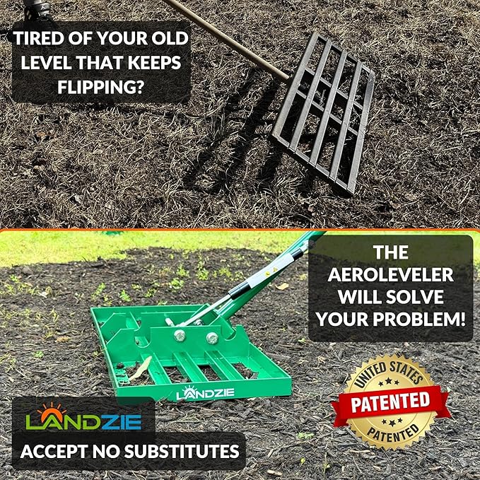 Landzie AeroLeveler - The Lawn Leveling Rake That Never Flips - Patented inch Wide Pneumatic Lawn Level for Yard, Dirt, Soil, Sand, Provides Stability and Control (Pneumatic 24" Leveling rake)