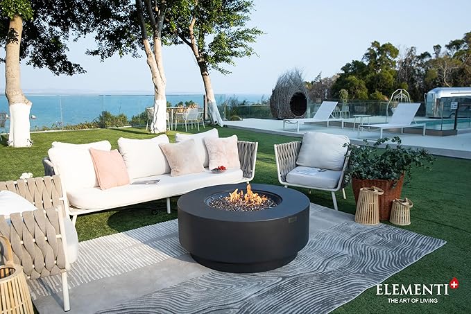 Elementi+ | Bundle Nimes Gas Fire Pit Cast Concrete 40" Dia. Round Fire Table, Outdoor Fire Pit Electronic Ignition | Canvas Cover, Fire Glass and Burner Lid Included | Dark Gray | Natural Gas