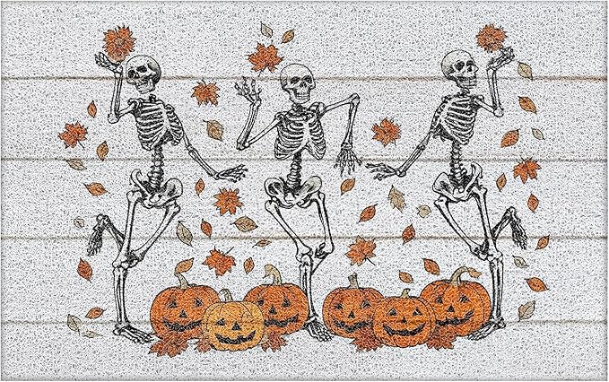 Gothic Halloween Skull Door Mat, Fall Maple Leaf Halloween Pumpkin Doormat Non-Slip for Front Door Porch Indoor Outside Entrance Entryway, Funny Spooky Gothic Welcome Mat, 17x30 Inch
