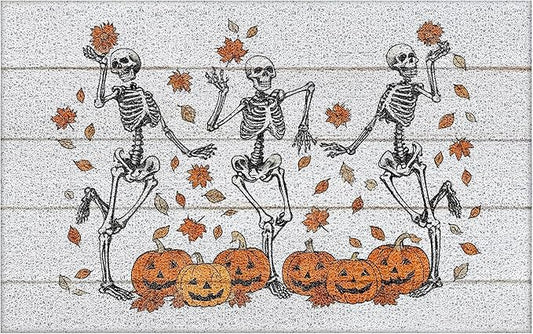 Gothic Halloween Skull Door Mat, Fall Maple Leaf Halloween Pumpkin Doormat Non-Slip for Front Door Porch Indoor Outside Entrance Entryway, Funny Spooky Gothic Welcome Mat, 17x30 Inch