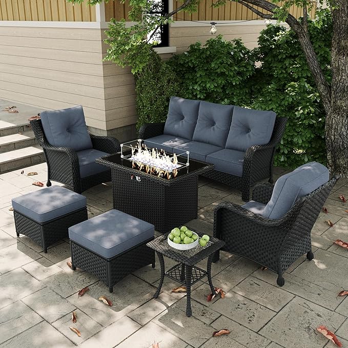 7 Pieces Outdoor Patio Furniture Sets with Single Chairs with 6-inch Thick Cushion and Fire Pit Table for Deck Lawn