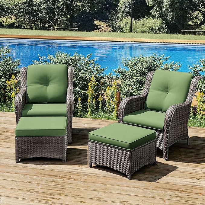 Joyside 4 Pieces Outdoor Patio Furniture Set Wicker Conversation Bistro Set 2 PE Wicker Patio with 2pcs Ottomans for Backyard, Porch, Balcony(Mixed Grey/Green)