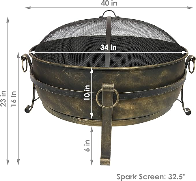 Sunnydaze 34-Inch Large Fire Pit for Outside - Wood-Burning Fire Pit Bowl for Outdoors with Spark Screen, Log Poker, and Grate