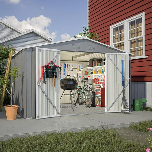 10x8 FT Outdoor Storage Shed,Metal Shed W/Lockable Hinged Door,All Weather Waterproof Garden Tool House W/Sloped Roof,for Backyard,Patio,Lawn,Gray