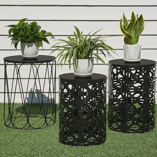 Y&M Set of 3 Stacking Coffee Table for Living Room, Patio Side Table,Indoor End Tables for Bedroom, Outdoor Decorative Garden Stool with Heavy Duty Metal Frame Modern Industrial Decor - Black