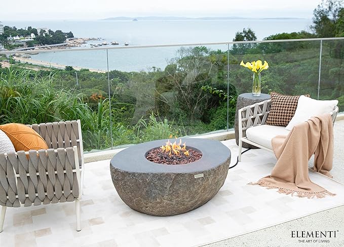 Elementi | Boulder Gas Fire Pit Cast Concrete Semi-Round Fire Table, Outdoor Fire Pit Electronic Ignition | Canvas Cover, Lava Rock Included | Natural Gas