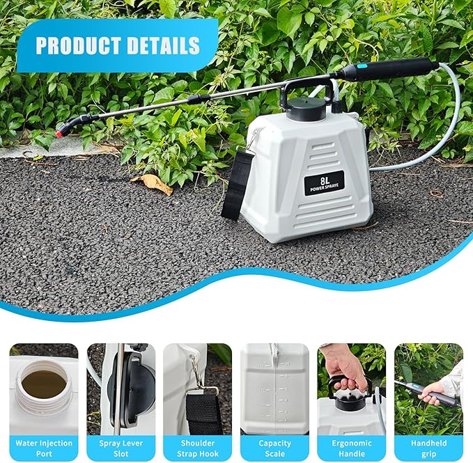 2 Gallon Battery Powered Sprayer, Electric Garden Sprayer, Pump Sprayer with 3 Mist Nozzles & USB Rechargeable Handle & Retractable Wand & Adjustable Strap for Lawn, Garden, Yard (White)