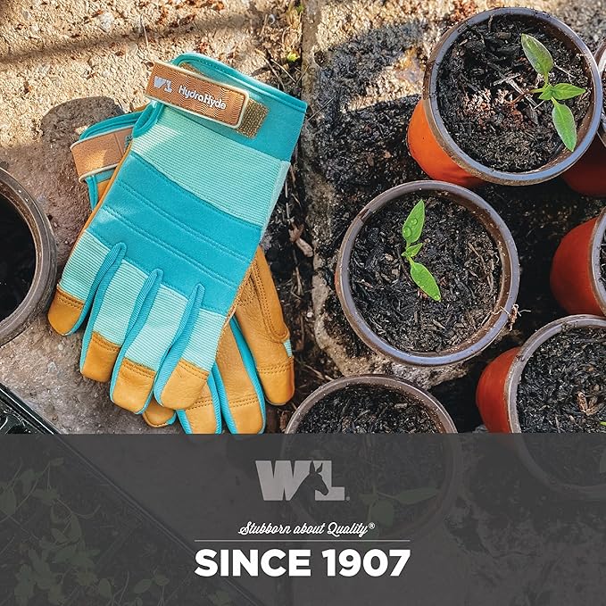 Wells Lamont Women's HydraHyde Water-Resistant Leather Palm Hybrid Work Gardening Gloves, Medium (Pack of 1) (3250M), Blue