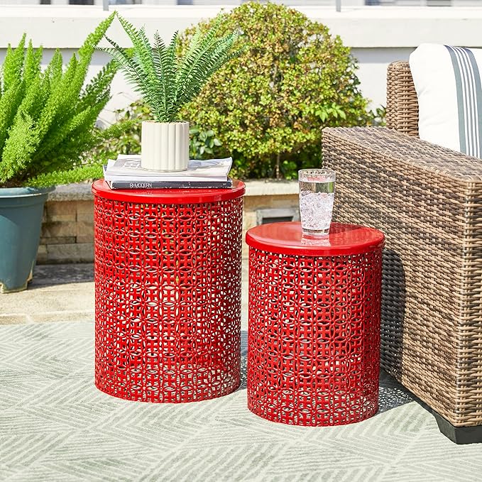 Glitzhome Outdoor Side Table Set of 2, Decorative Garden Stool for Indoor Outdoor Heavy Duty Metal Frame Accent Table Modern End Table, Glossy Red