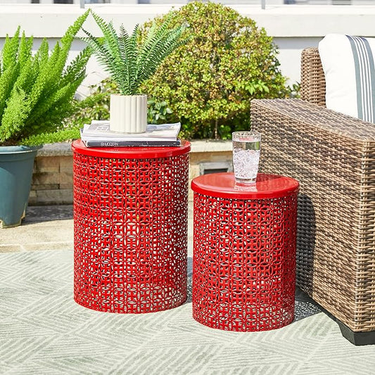 Glitzhome Outdoor Side Table Set of 2, Decorative Garden Stool for Indoor Outdoor Heavy Duty Metal Frame Accent Table Modern End Table, Glossy Red