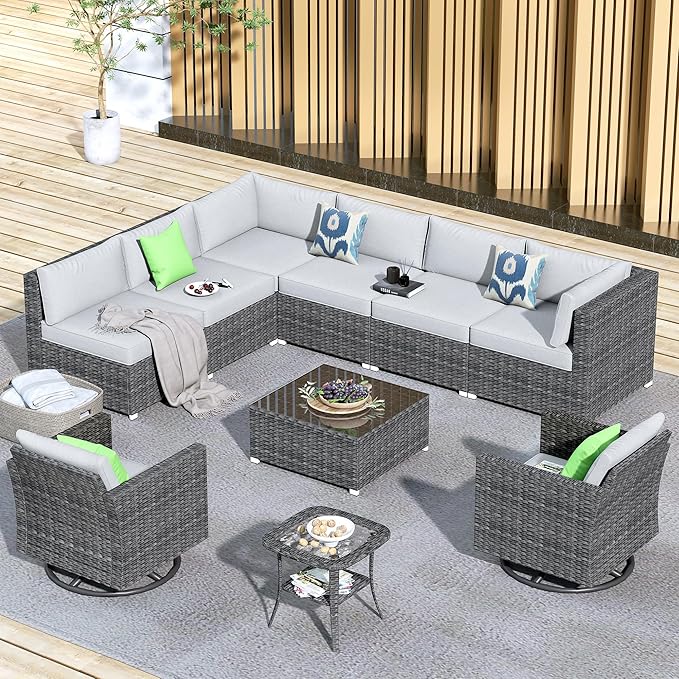 HOOOWOOO 10 Piece Patio Sectional Furniture Set with Swivel Rocking Chairs,Modern Wicker Outdoor Conversation Sofa Sets,Weather Resistant Modular L Shaped Outside Couch Set(Light Grey)