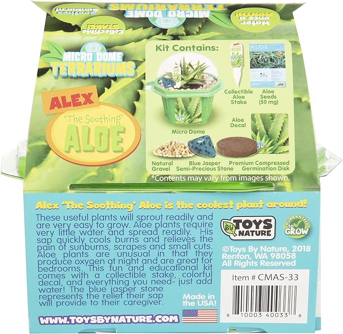 Toys By Nature Character Micro Dome Aloe Plant Terrarium Kit, Decorative and Easy-to-Grow Mini Terrariums with Complete Supplies, Grow Your Own Decorative Plants! (Alex The Soothing Aloe)