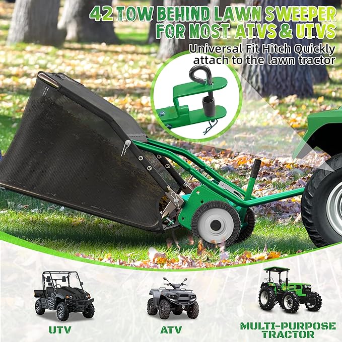 42" Lawn Sweeper Tow Behind, Grass Sweeper Tow Behind with 18.55 cu. ft Large Hopper, Heavy Duty Leaf & Grass Collector, Adjustable Brush Height Lever and Dumping Rope, Lawn and Yard Cleanup Tool