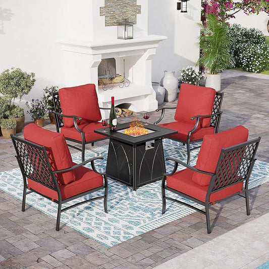 5 Piece Metal Outdoor Patio Furniture Set with Fire Pit Table, Patio Conversation Sets 4 Fixed Chairs with 5.75" Thick Cushion and 5000 BTU Fire Pit Table, Backyard Furniture, Red