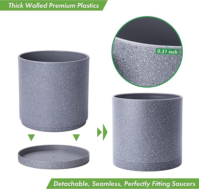 D'vine Dev 10 Inch Plastic Planter Pots for Plant Pot with Drainage Hole and Seamless Saucers, Speckled Gray Color, 74-X-G-2