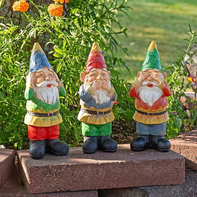 Sunnydaze Three Wise Garden Gnomes - Hear, Speak, and See No Evil Set - Outdoor Lawn Statues