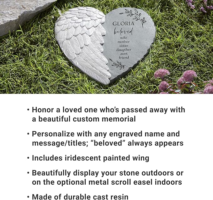 Let's Make Memories Personalized Memorial Garden Stone - Sympathy - Loss of Loved One - Condolences - Indoor/Outdoor - Durable Resin - 3D Iridescent Wing - Loved by All
