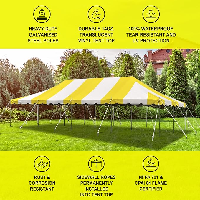Party Tents Direct 20'x 40' Weekender Canopy Pole Tent with Sidewalls - Easy Up Canopy Tent with 160 Person Capacity - Outdoor Canopies for Parties, Weddings, and Events (Yellow/White)