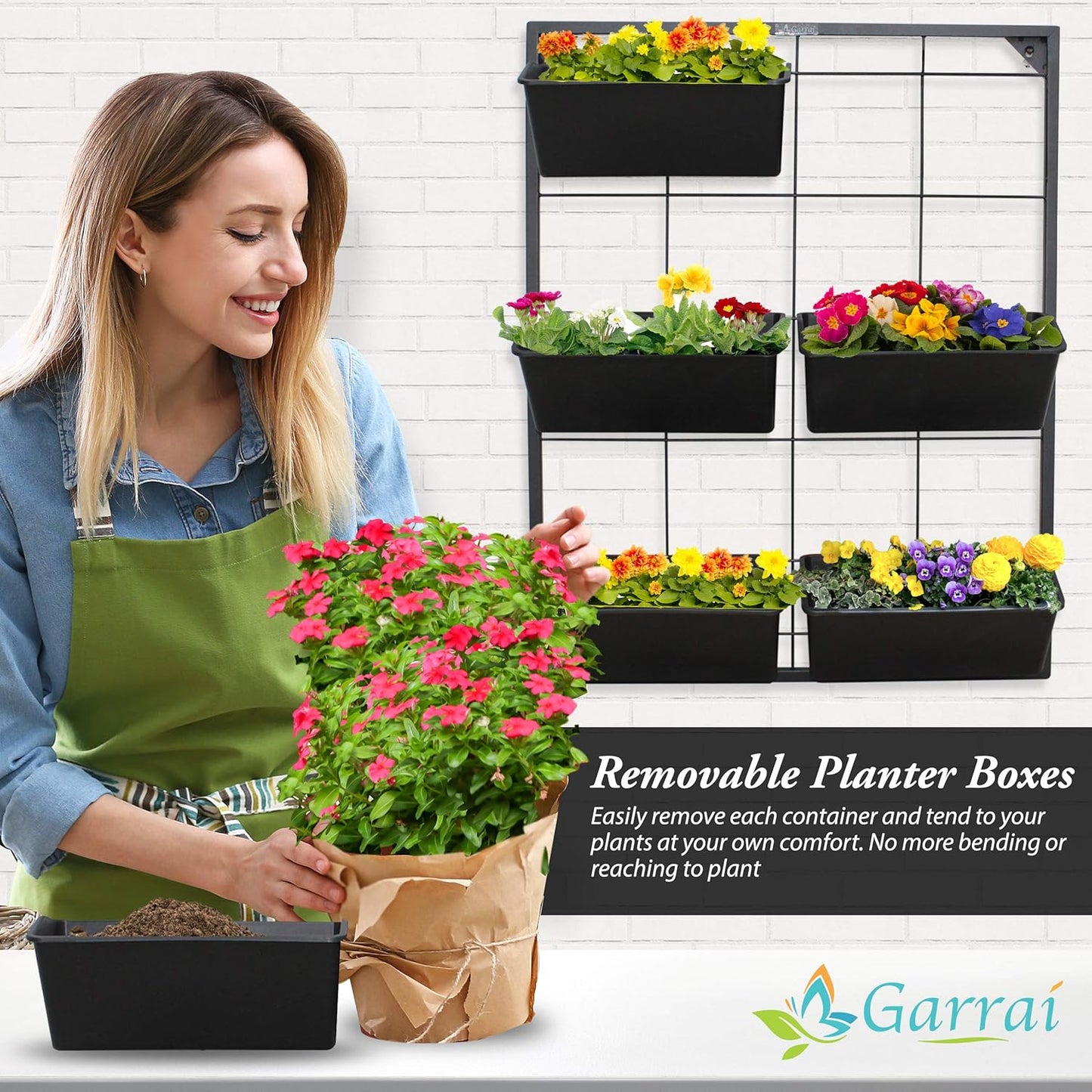 Vertical Garden Wall Planter. Ideal Indoor or Outdoor Container Gardening. Includes 6 Removable Pots and Wall Mounted Metal Frame. Self Draining Garden for Vegetables, Flowers or Herbs.