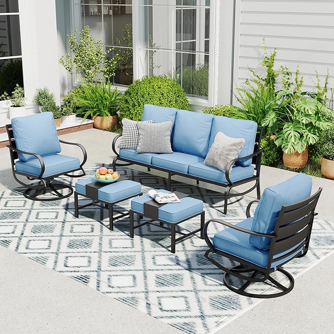 Sophia & William Patio Furniture Sets for 5 Outdoor Metal Conversation Sets 5 Pcs with 2 x Cushioned Swivel Sofa Chairs, 2 x Ottomans as Coffee Table, 1 x 3-Seat Sofa, Lawn Backyard Poolside Blue