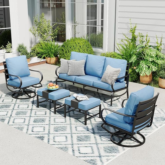 Sophia & William Patio Furniture Sets for 5 Outdoor Metal Conversation Sets 5 Pcs with 2 x Cushioned Swivel Sofa Chairs, 2 x Ottomans as Coffee Table, 1 x 3-Seat Sofa, Lawn Backyard Poolside Blue